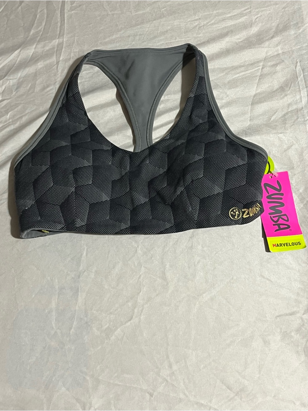 Zumba Fitness Gray Hexagon-Pattern Racerback Sports Bra Womens Size Medium NWT